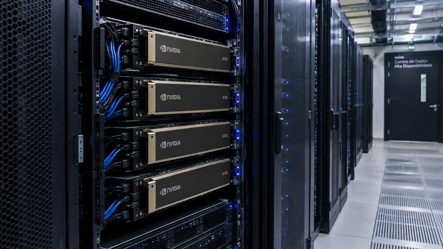 Rack de servidor GPU enterprise em data center Tier III, com aceleradores NVIDIA A100 instalados para processamento de modelos de linguagem (LLM) e cargas de IA generativa.