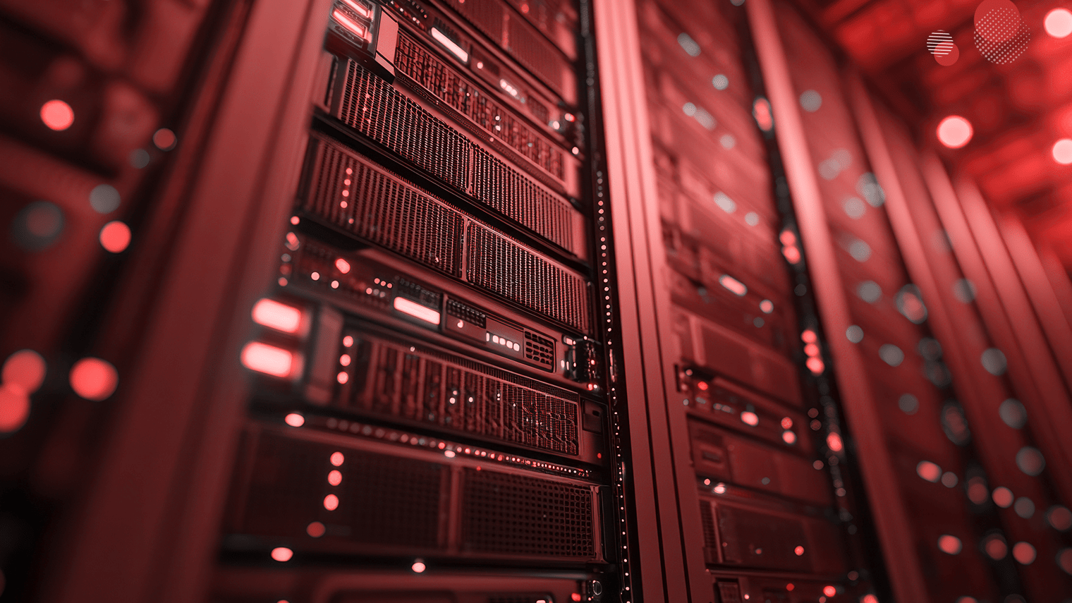 Representação de uma infraestrutura de TI ultrapassada, com servidores conectados em rede e partículas luminosas simbolizando dados instáveis ou processos ineficientes.