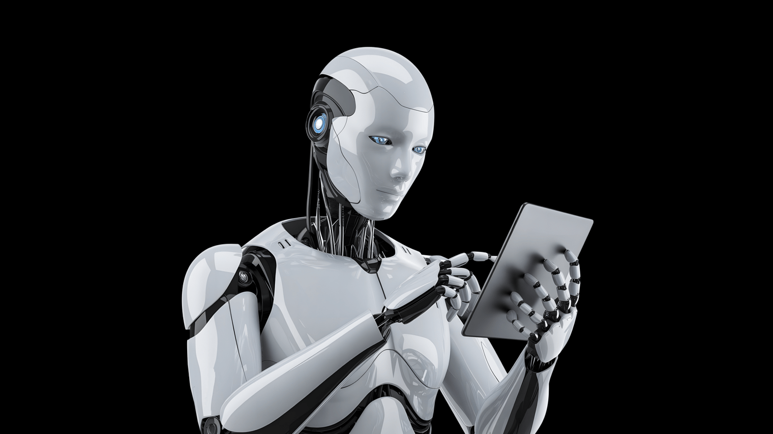 Robô humanoide segurando um tablet em um fundo escuro, simbolizando o avanço da inteligência artificial e a evolução da infraestrutura de TI em 2026.