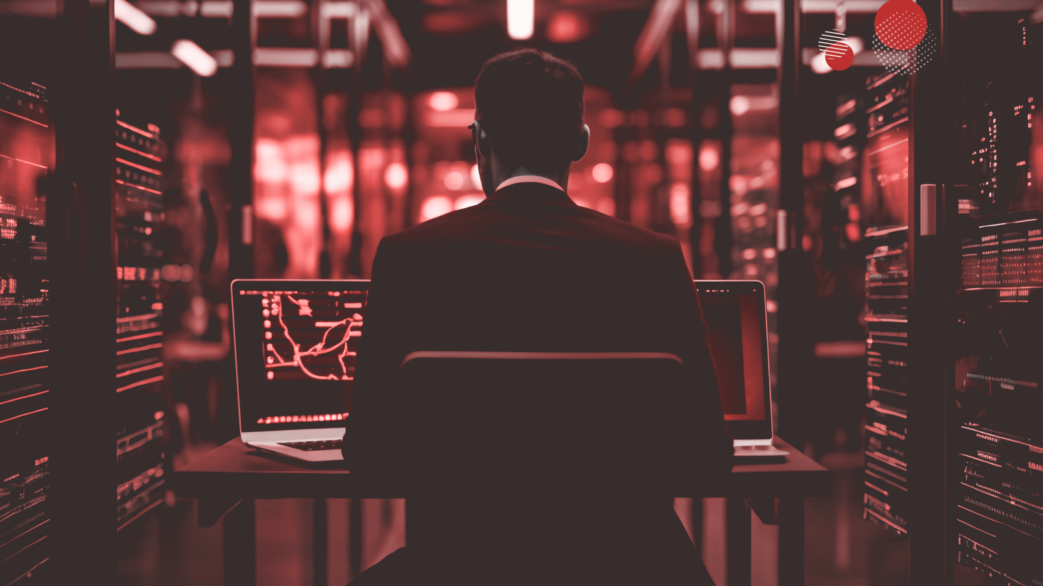 A imagem mostra um homem de terno sentado de costas para a câmera, em um ambiente iluminado por luzes vermelhas. Ele está em um data center, rodeado por racks de servidores, enquanto trabalha em um laptop que exibe gráficos de rede. Esta configuração sugere que ele está envolvido em tarefas de implantação de serviços em nuvem, monitorando ou configurando infraestruturas digitais.