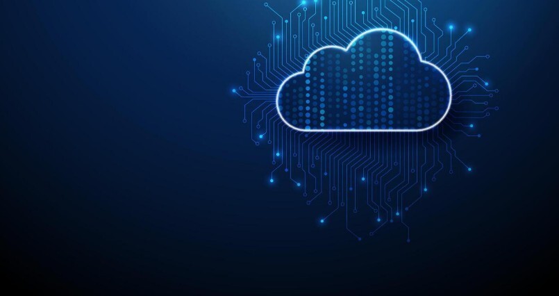 nuvem ícone com córregos do azul pontos dentro e semelhante a um circuito linhas. dados armazenar, rede a infraestrutura, microchip tecnologia, em formação fluxo, conectados cópia de segurança.