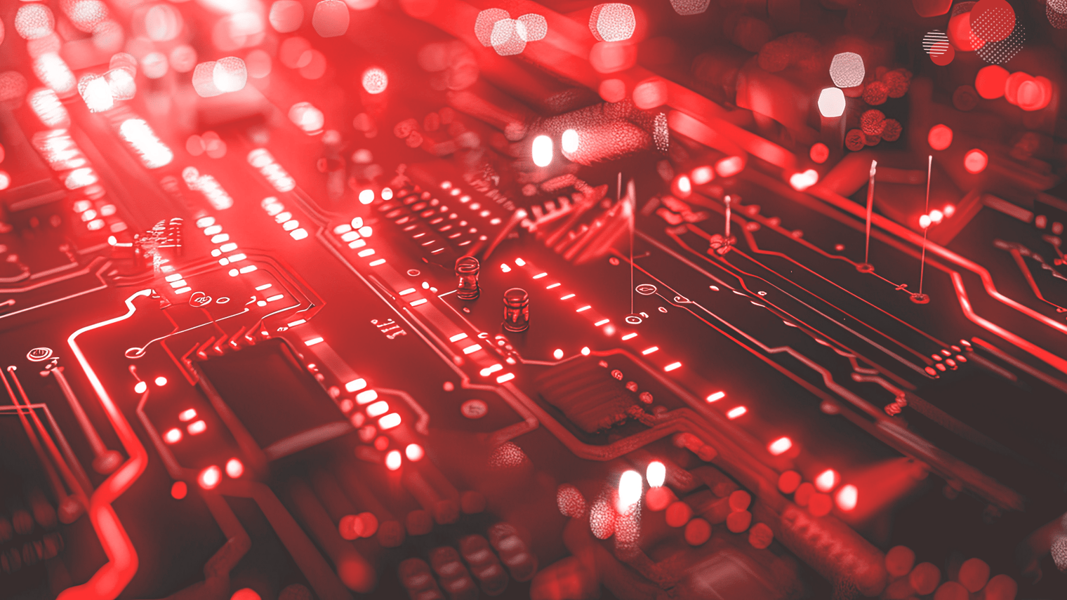 Circuito eletrônico iluminado em tons de vermelho, simbolizando tecnologia e sistemas digitais, associado a conceitos de RTO (Recovery Time Objective) e RPO (Recovery Point Objective) no contexto de segurança da informação.