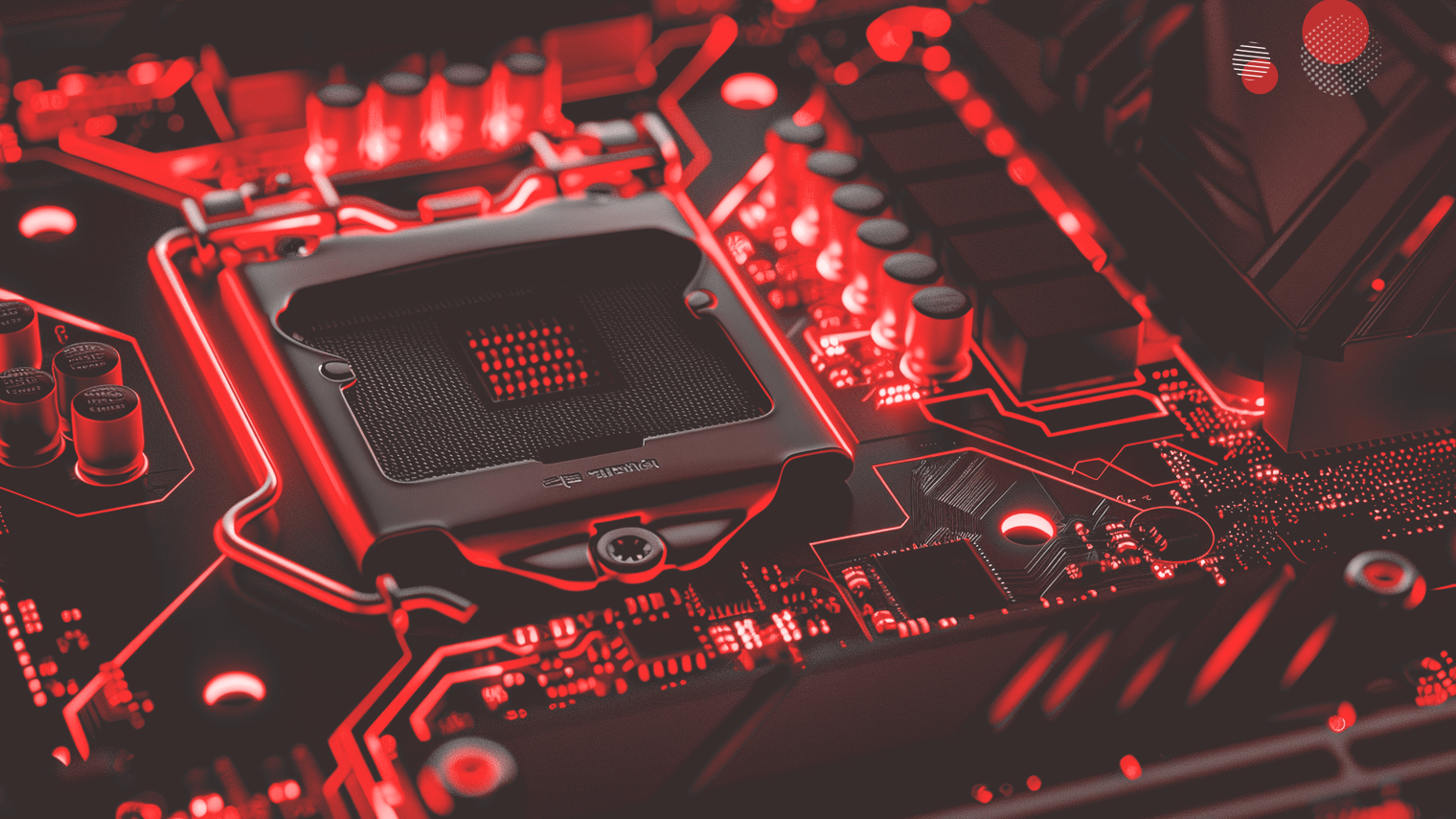 Close-up de uma placa-mãe de alta performance com iluminação vermelha, destacando a potência e tecnologia de um servidor dedicado GPU