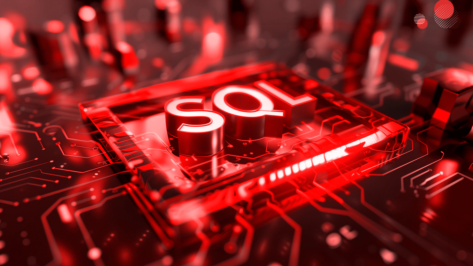 Uma ilustração futurista destacando a palavra SQL em letras tridimensionais sobre um circuito eletrônico vermelho. A imagem representa as diferentes versões do SQL Server Enterprise, Standard e Web, simbolizando o poder e a performance na gestão de bancos de dados.