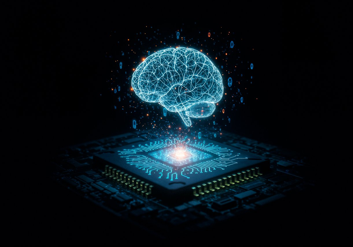 A imagem mostra uma representação visual bem simbólica de inteligência artificial e processamento de dados. No centro, há um chip eletrônico iluminado, com circuitos detalhados que se espalham pela placa ao redor. Ele funciona como a base de tudo, sugerindo o papel do hardware no processamento de informações. Flutuando acima desse chip, aparece um cérebro digital, formado por linhas luminosas que lembram conexões neurais. Esse cérebro tem um aspecto translúcido e tecnológico, como se fosse uma rede neural artificial em funcionamento. Entre o chip e o cérebro, há um feixe de luz conectando os dois, reforçando a ideia de que o processamento físico alimenta a inteligência artificial. Ao redor, pequenos pontos e símbolos (lembrando dados ou bits) orbitam a cena, indicando fluxo constante de informação. O fundo escuro destaca os elementos principais e cria um contraste forte, passando uma sensação de alta tecnologia, precisão e desempenho. No geral, a imagem traduz bem a relação entre infraestrutura (hardware) e machine learning (inteligência), mostrando como o poder computacional sustenta sistemas inteligentes.