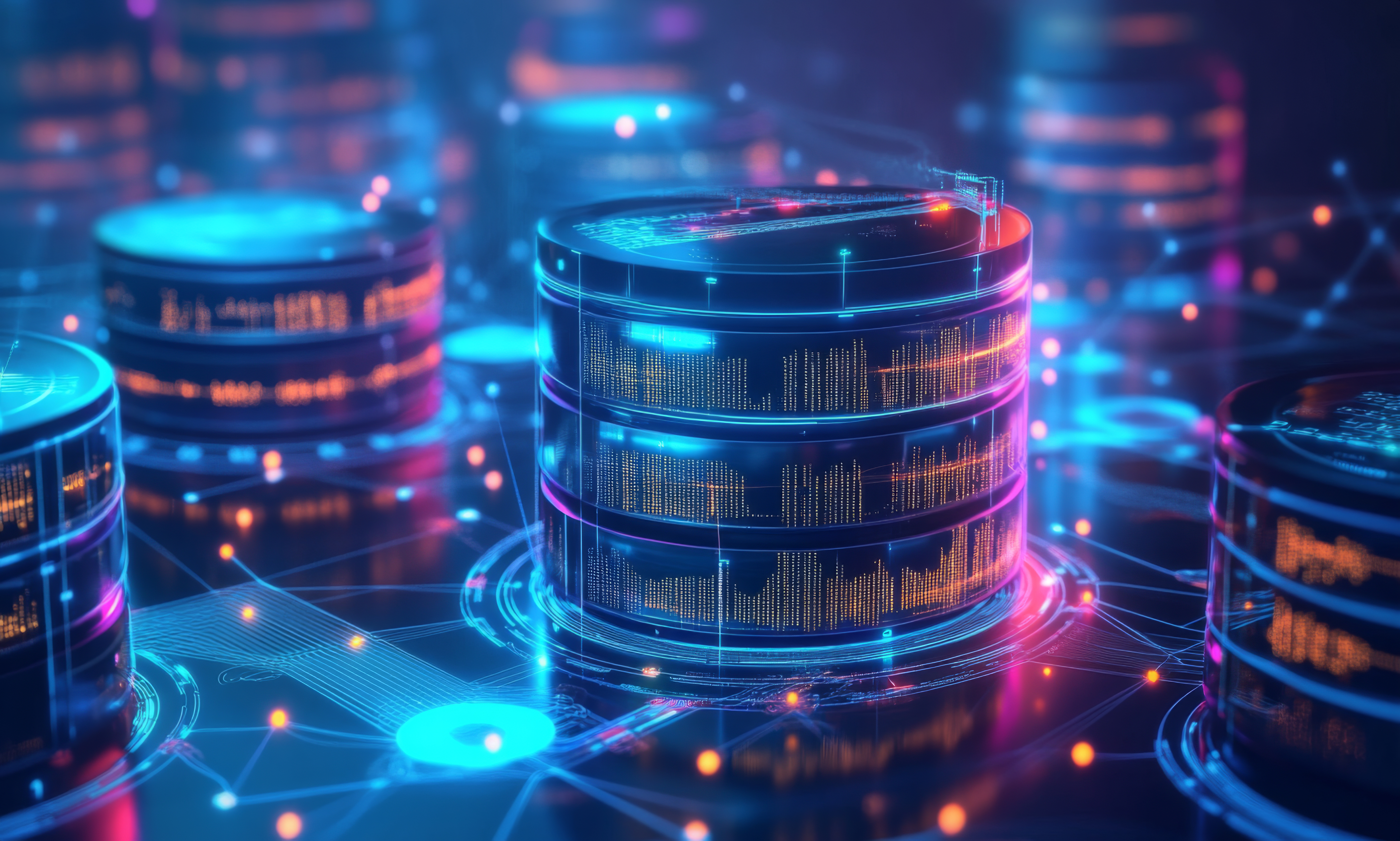 Ilustração futurista de bancos de dados digitais conectados por linhas luminosas em azul e rosa, com gráficos e códigos exibidos nas estruturas cilíndricas, representando armazenamento de dados, big data e infraestrutura de tecnologia.