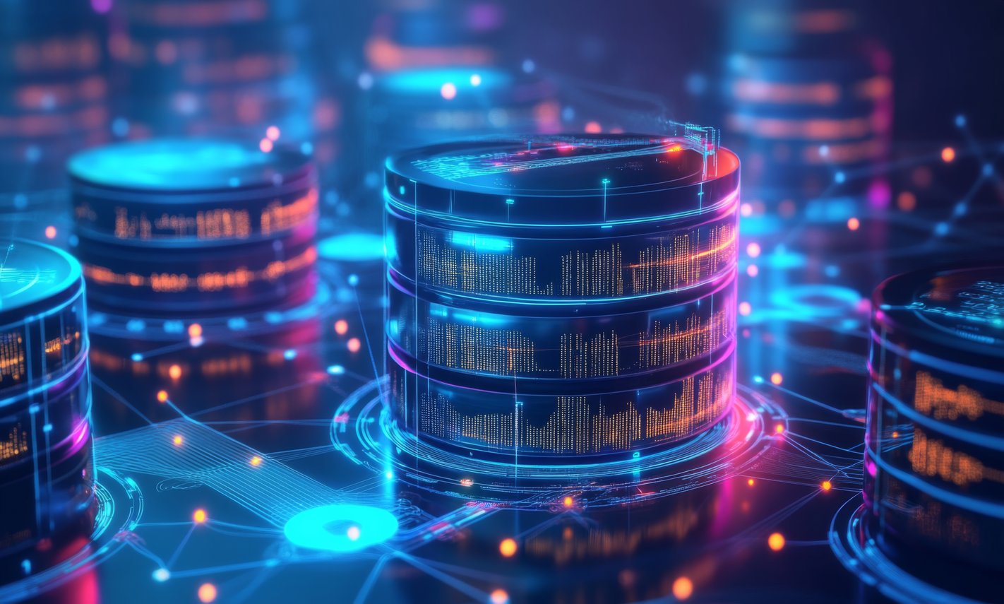 A imagem apresenta uma representação futurista e tecnológica de **bancos de dados ou servidores digitais**. No centro, há estruturas cilíndricas empilhadas que lembram **discos ou stacks de database**, iluminadas com tons neon de azul, roxo e rosa. As laterais desses cilindros exibem **linhas de dados, gráficos e padrões luminosos**, simulando informações sendo processadas ou trafegando em tempo real. Ao redor, aparecem: * conexões em forma de **linhas e nós**, como uma rede ou circuito eletrônico; * pontos de luz interligados, sugerindo **fluxo de dados, rede distribuída ou cloud computing**; * outros cilindros semelhantes ao fundo, desfocados, reforçando a ideia de **múltiplos servidores ou clusters**. O estilo é: * 3D renderizado / digital * alta tecnologia * estética de **big data, IA, cloud, data centers ou cibersegurança** Transmite conceitos como: * armazenamento de dados * processamento em larga escala * infraestrutura de nuvem * conectividade e performance * ambiente seguro e moderno Se for usar para comunicação corporativa (como materiais da EVEO), a imagem funciona muito bem para ilustrar temas como **cloud privada, infraestrutura robusta, escalabilidade, data centers ou proteção de dados**.