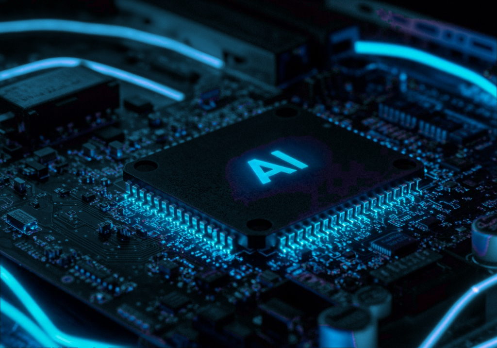 Chip 'AI' brilhando em azul ciano no centro de uma placa de circuito escura, com luzes azuis ao redor.