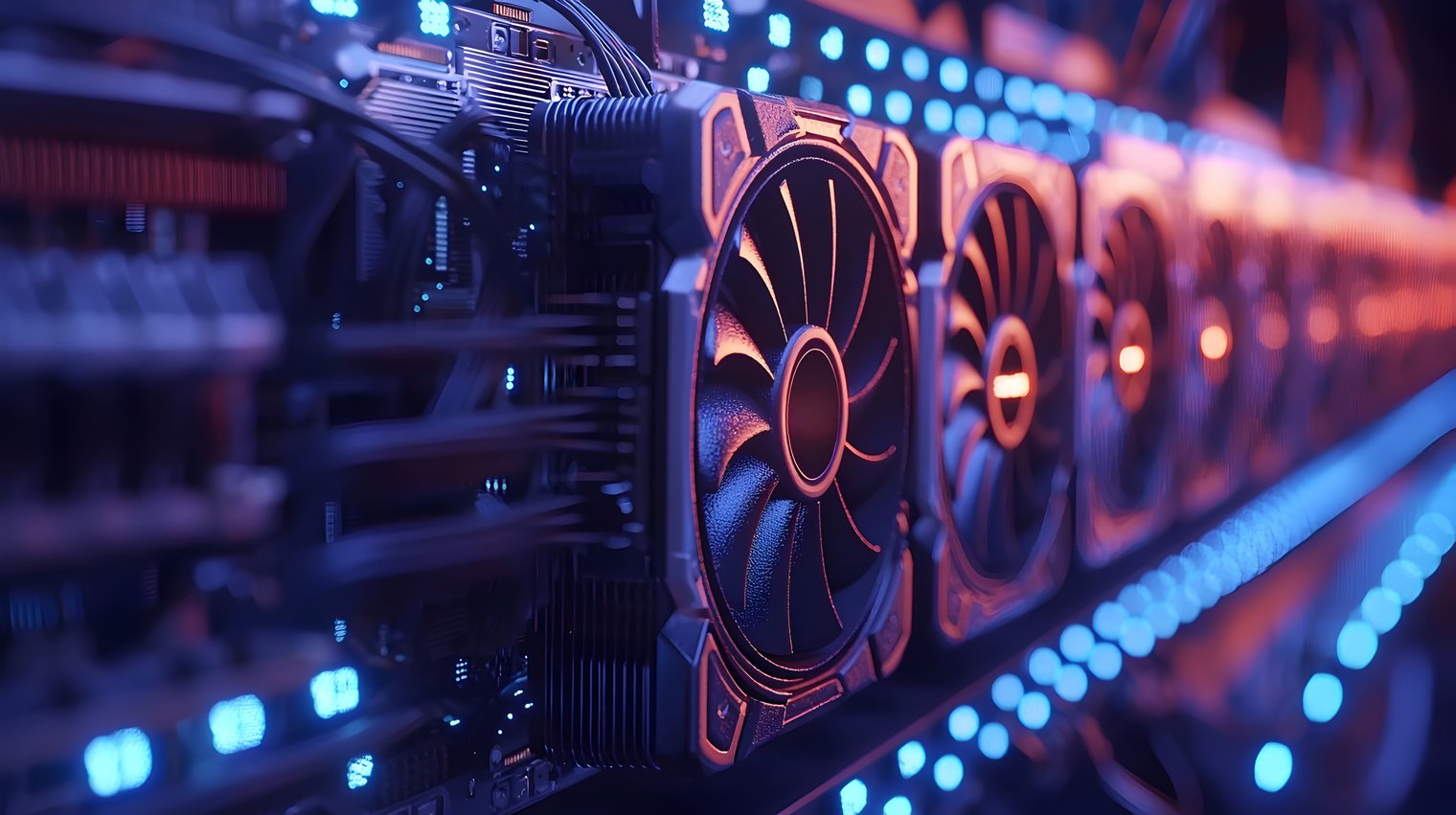 A imagem mostra um close-up de placas de vídeo (GPUs) instaladas em um ambiente de servidores, com destaque para as grandes ventoinhas responsáveis pela refrigeração dos componentes. A cena tem uma estética tecnológica e futurista, com iluminação em tons de azul e laranja, além de pontos de luz ao fundo que reforçam a ideia de um ambiente de alta performance computacional, como um data center voltado para inteligência artificial e processamento de dados.