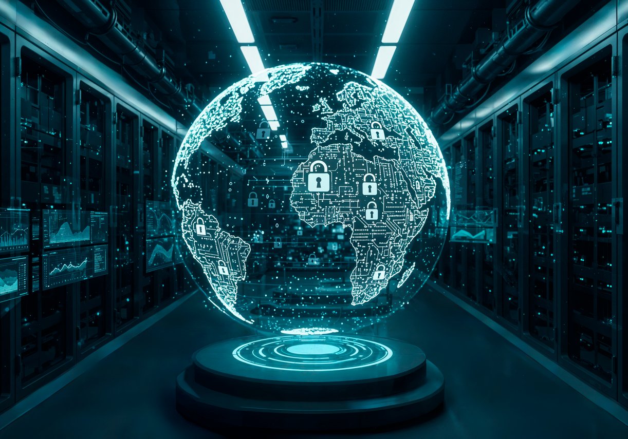 Representação em 3D de um data center futurista com corredores de servidores rack. Ao centro, um holograma do globo terrestre em tons de ciano é envolvido por diversos ícones de cadeados brilhantes, simbolizando proteção de dados global, criptografia avançada e camadas de segurança cibernética.