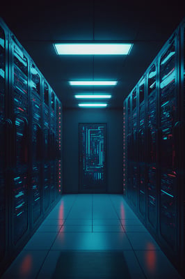 Racks de servidores em data center com iluminação azul e gráficos de serveless no cenário ao fundo. 