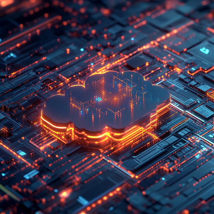 Representação digital de computação em nuvem, com um símbolo de nuvem estilizado brilhando em laranja sobre um fundo tecnológico de placa de circuito eletrônico com conexões de dados.