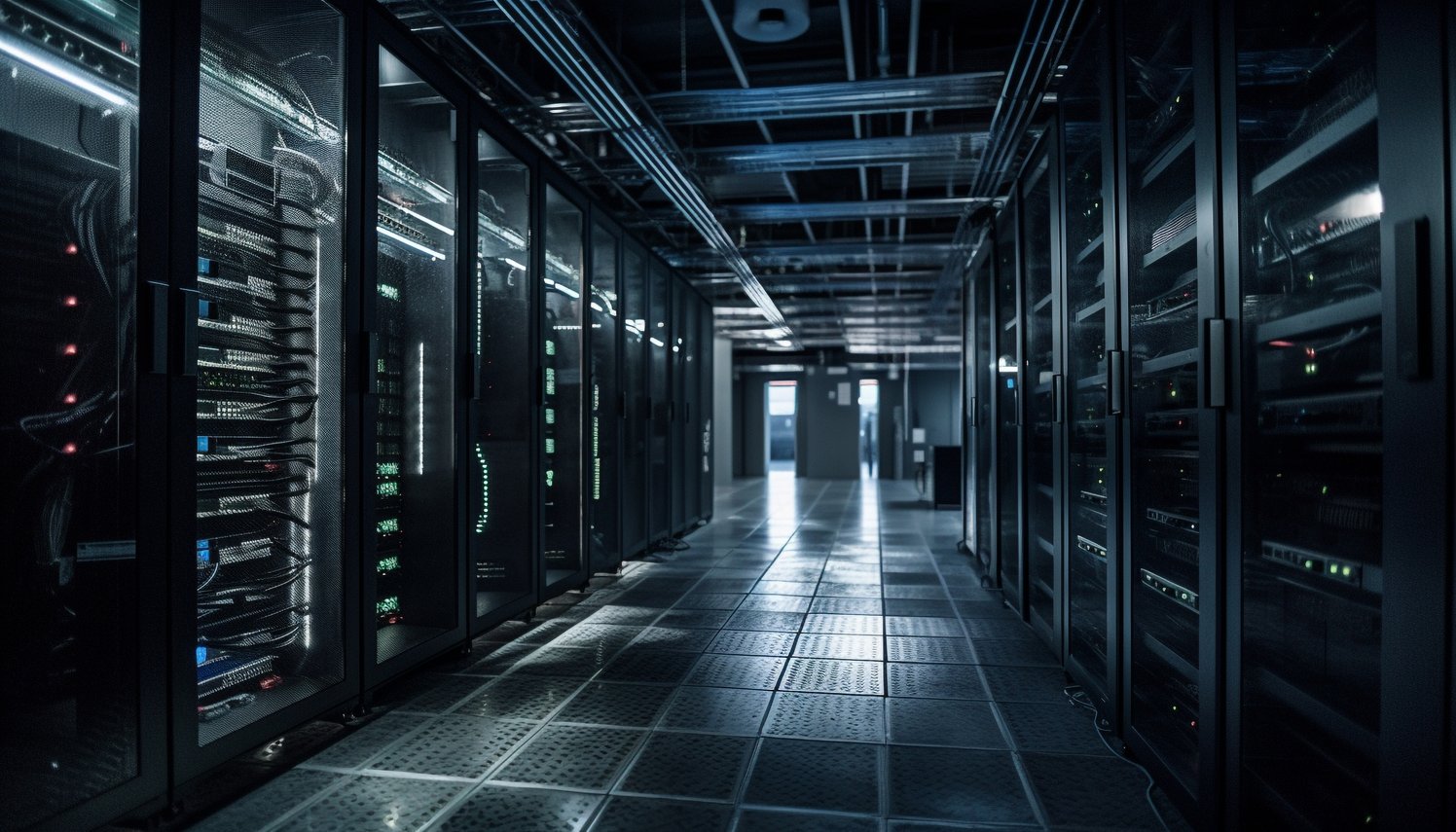 A imagem mostra o interior de um data center moderno, com fileiras de racks cheios de servidores e cabos organizados. O ambiente é limpo, bem iluminado e possui um piso elevado metálico, comum em infraestruturas de TI para ventilação e passagem de cabeamento. As luzes dos equipamentos indicam operação ativa, transmitindo uma atmosfera de alta tecnologia, segurança e desempenho. O cenário reforça conceitos como computação em nuvem, armazenamento de dados e infraestrutura digital corporativa.