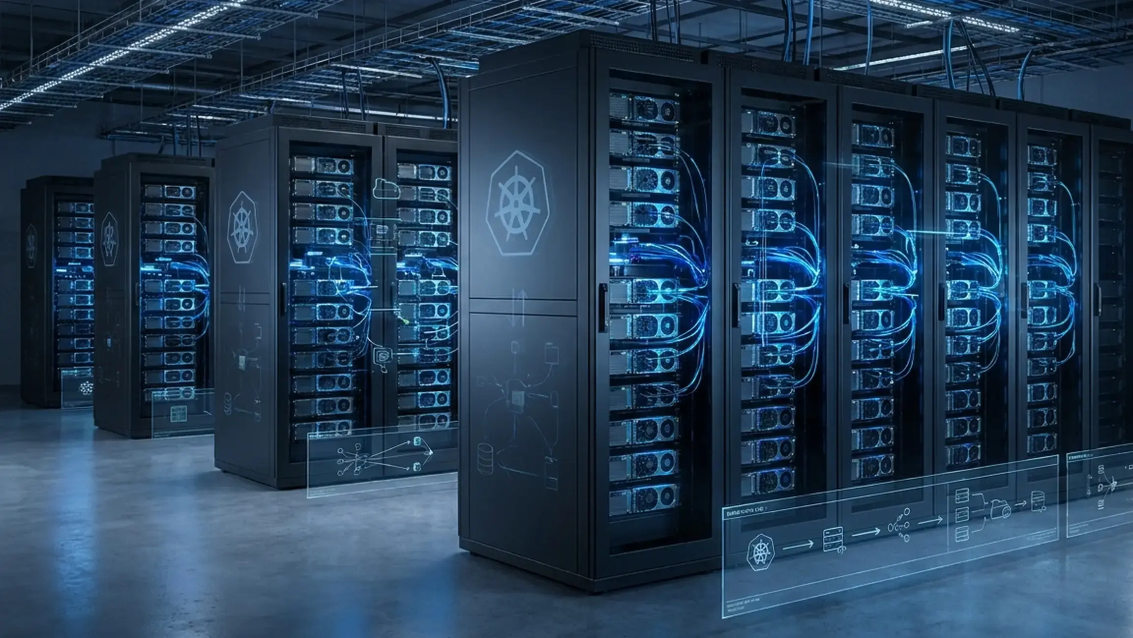 Servidores dedicados no tom azul com fios interligados fazendo migração de IA para GPU