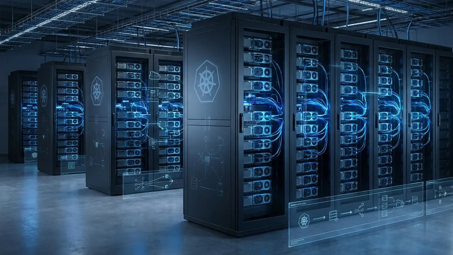 Servidores dedicados no tom azul com fios interligados fazendo migração de IA para GPU