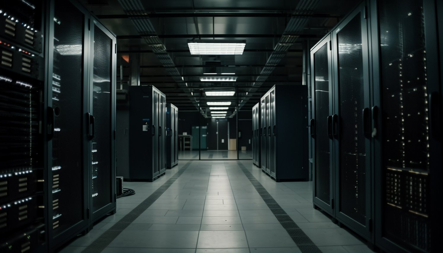 A imagem mostra um corredor interno de um data center, com racks de servidores dispostos em duas fileiras paralelas em ambos os lados. Os equipamentos são altos, escuros e possuem portas frontais, enquanto pequenas luzes e indicadores dos servidores aparecem discretamente iluminados. O ambiente é amplo, organizado e altamente tecnológico, com um corredor central que conduz o olhar até o fundo da sala, criando uma forte sensação de profundidade e simetria. A iluminação é predominantemente fria e baixa, com luminárias retangulares no teto refletidas no piso claro. A composição transmite uma atmosfera séria, sofisticada e futurista, associada a conceitos como infraestrutura de TI, data center, servidores, armazenamento de dados, segurança e alta disponibilidade.