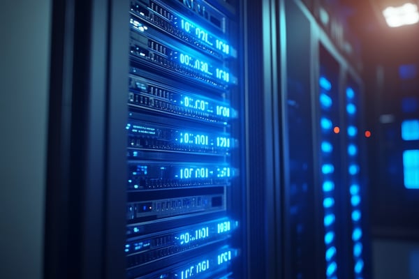 Servidor dedicado com luzes azul e números digitais nos painéis 