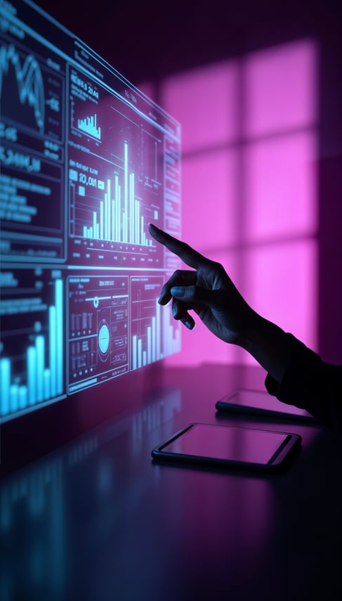 A imagem retrata uma pessoa interagindo com um grande painel digital ou holográfico exibido à sua frente. A mão, em primeiro plano, aponta para gráficos e dashboards em tons de azul, com barras, indicadores e visualizações de dados que lembram relatórios analíticos ou sistemas de monitoramento. O ambiente é escuro, iluminado por uma luz roxa e rosa ao fundo, criando um clima futurista e tecnológico. Sobre a mesa, é possível ver dispositivos como um tablet ou smartphone, reforçando o contexto de uso de tecnologia avançada. A cena transmite conceitos como análise de dados, business intelligence, tomada de decisão baseada em informações, inovação e controle digital em ambientes corporativos ou de tecnologia.