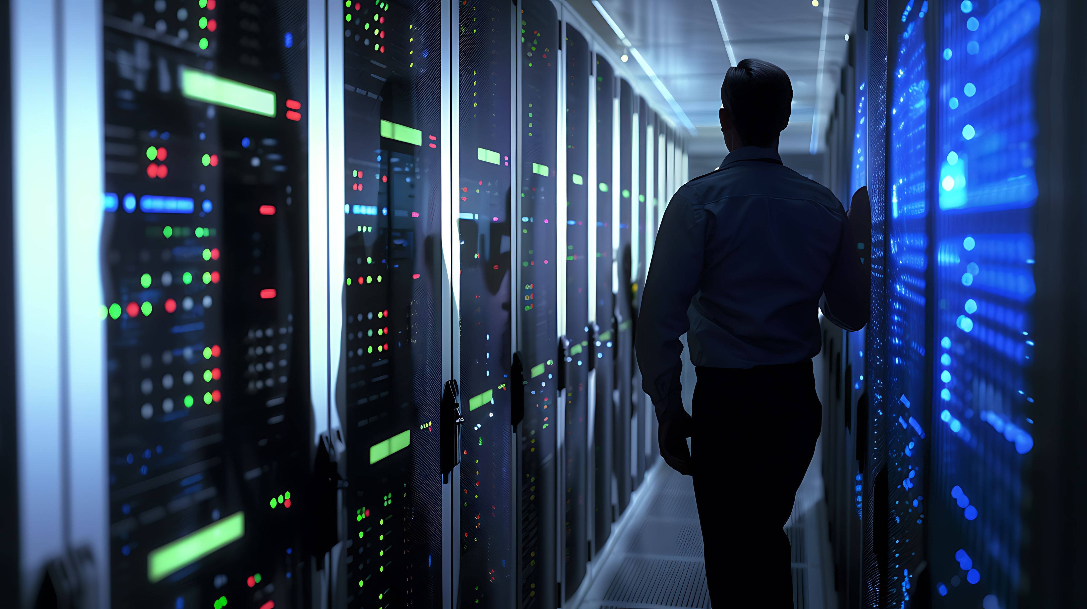 male-it-specialist-is-walking-down-dark-server-room-blue-light-from-servers-is-reflecting-off-his-face