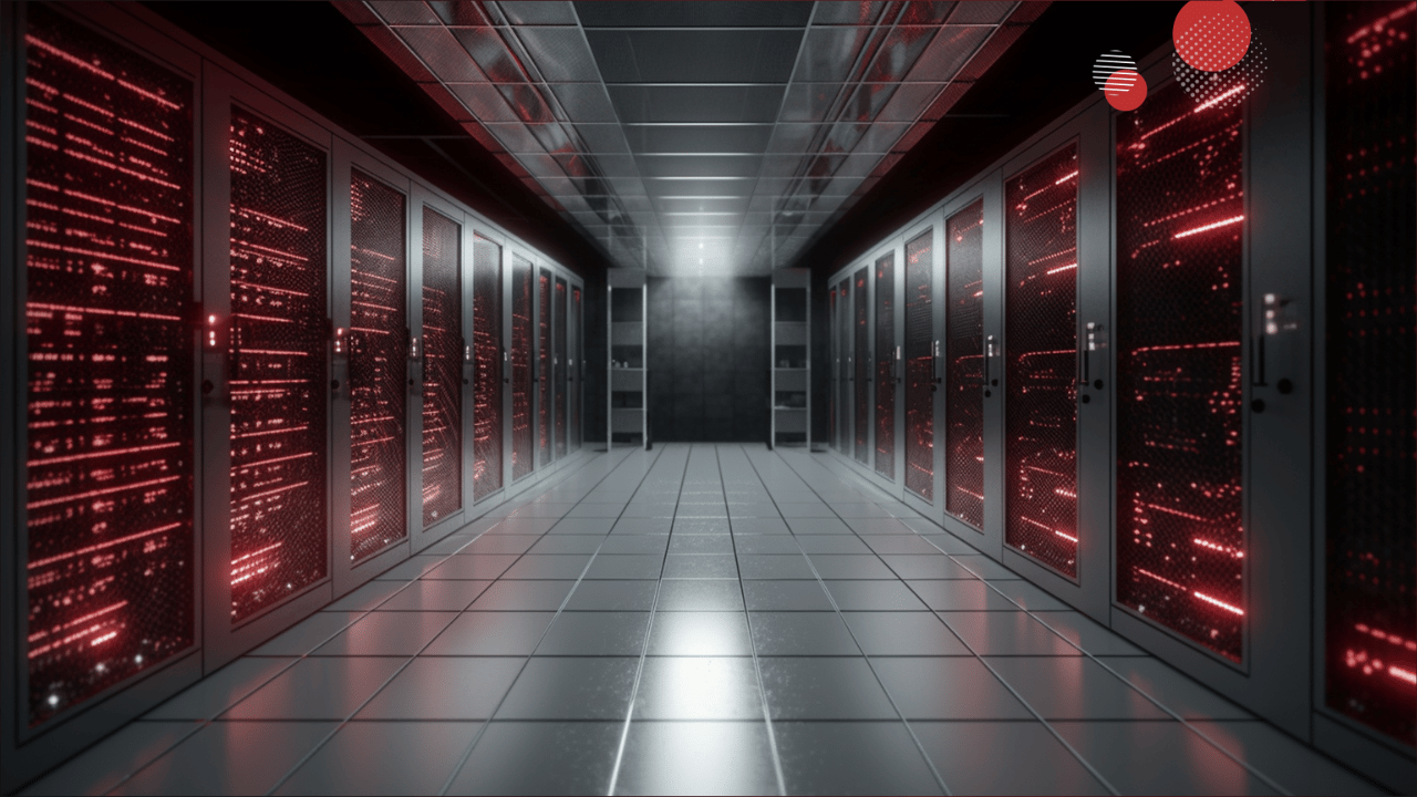 Data center moderno com fileiras de servidores, representando diferentes tipos de servidores, como dedicados, em nuvem e de armazenamento, iluminados por luzes vermelhas, destacando o ambiente de alta tecnologia e desempenho ideal para soluções cloud