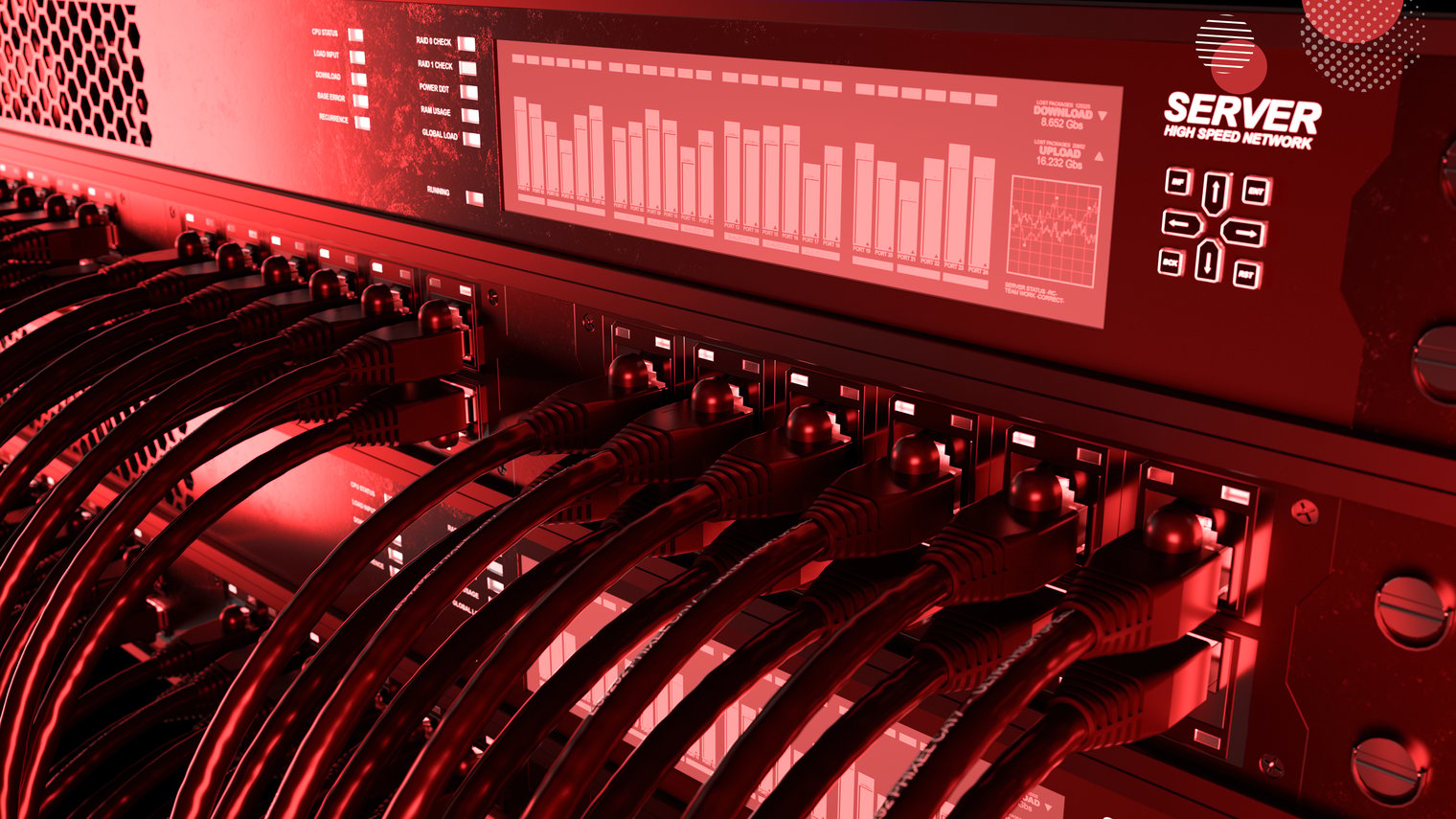 Imagem em tons de vermelho mostrando a parte traseira de servidores com diversos cabos de rede conectados. A cena remete ao ambiente físico de data centers, ilustrando o contexto técnico de quem está avaliando comprar ou alugar servidores.