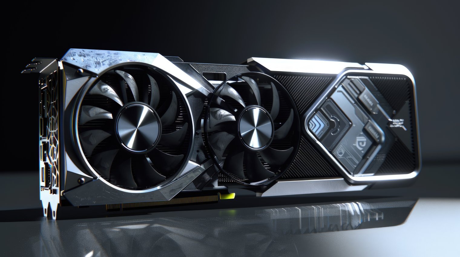 Placa de video GPU de alta performance com cooler duplo, ilustração representativa de hardware acelerado para inteligência artificial, machine learning e processamento gráfico em data center.