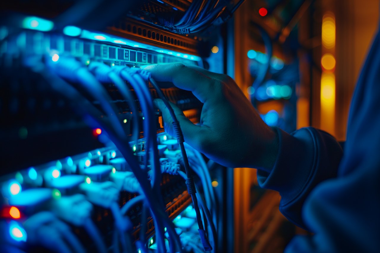 mão mexendo em fios de conexão de servidores dedicados