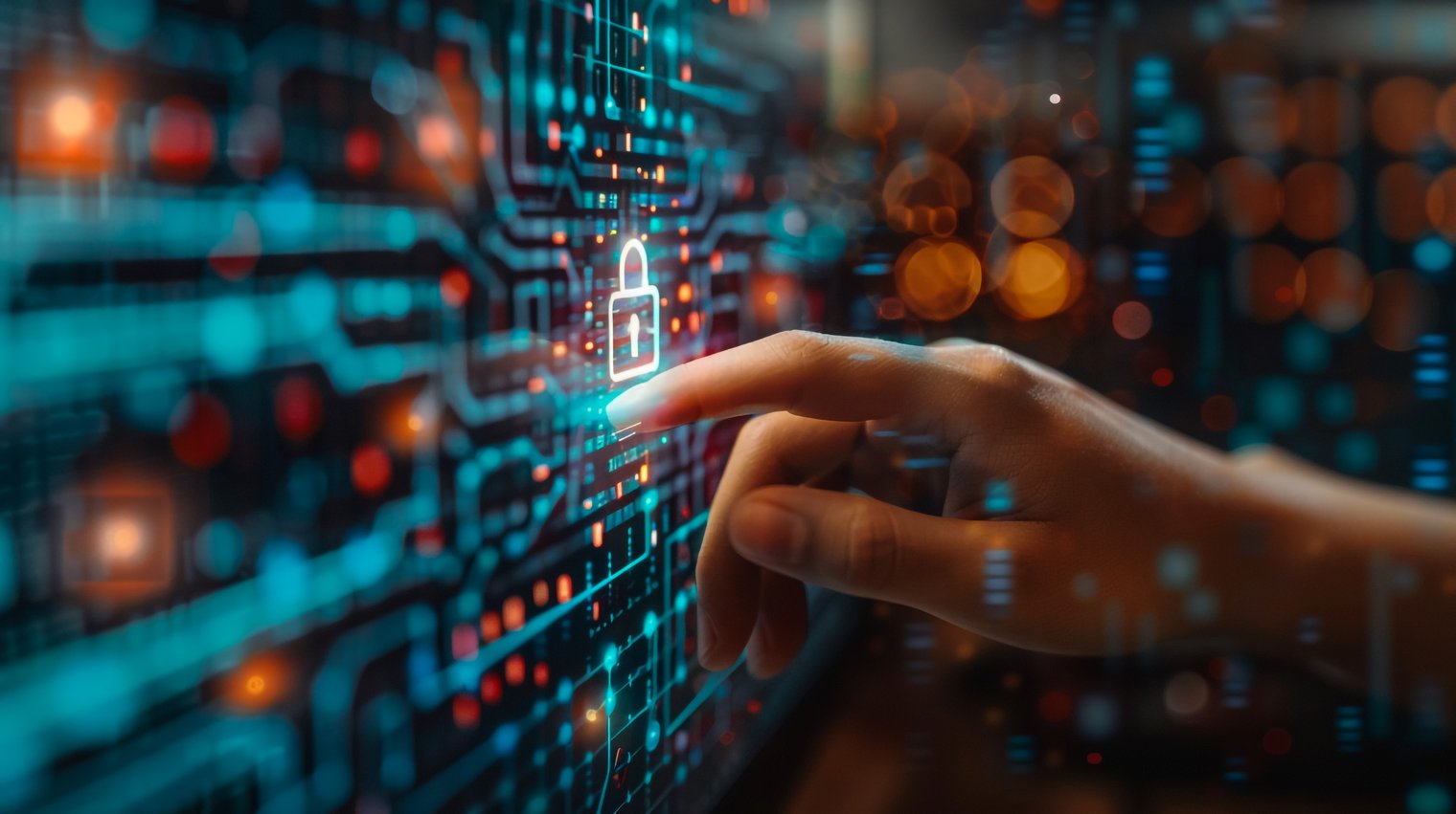 A imagem retrata uma interface digital voltada para segurança da informação e proteção de dados. Em primeiro plano, uma mão interage com uma tela virtual onde se destaca o ícone de um cadeado luminoso, simbolizando controle de acesso, privacidade e cibersegurança. Ao redor do cadeado, linhas e elementos gráficos remetem a circuitos eletrônicos, fluxos de dados e redes conectadas, enquanto as luzes em tons de azul e laranja reforçam a atmosfera tecnológica e futurista. A composição transmite conceitos como proteção de sistemas, criptografia, gestão de identidades e defesa contra ameaças cibernéticas em ambientes digitais.