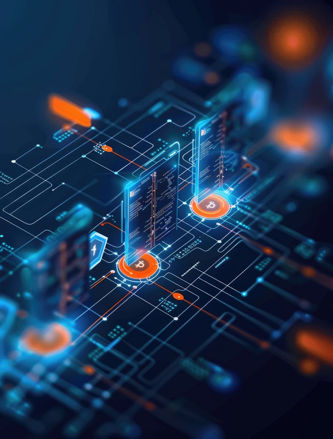A imagem mostra uma renderização 3D de um ambiente digital futurista, com visual de rede tecnológica e elementos cibernéticos. Linhas e circuitos luminosos em tons de azul e laranja conectam diversos painéis flutuantes, que exibem dados, códigos e ícones digitais — incluindo símbolos de criptomoeda, como o Bitcoin. O cenário tem estética de alta tecnologia, remetendo a conceitos como blockchain, infraestrutura digital, segurança de dados e sistemas em nuvem. O fundo escuro contrasta com o brilho intenso dos elementos, reforçando a sensação de conectividade e inovação.