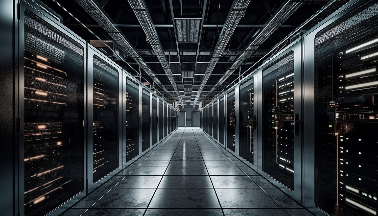 A imagem mostra um corredor moderno de um data center, com fileiras de racks de servidores alinhados dos dois lados. Os equipamentos estão protegidos por portas metálicas com telas perfuradas, através das quais é possível ver luzes e indicadores acesos, sugerindo operação ativa. Com cabeamento organizado passando pelo teto e piso elevado — características típicas de infraestruturas de alto desempenho e segurança. A perspectiva central reforça a sensação de profundidade e simetria, transmitindo ordem e eficiência.